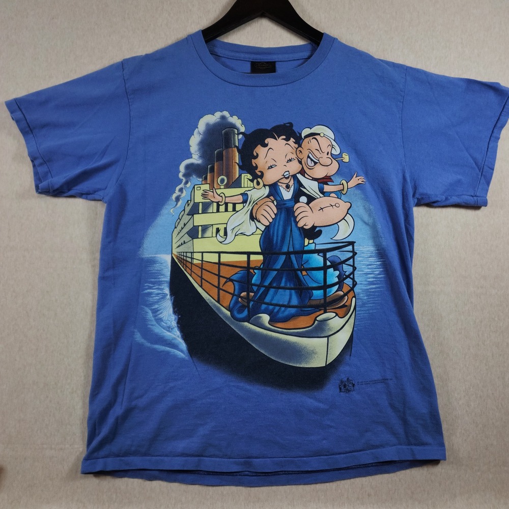 Vintage 90s Betty Boop Popeye Titanic Parody Shirt Double Sided Changes USA L